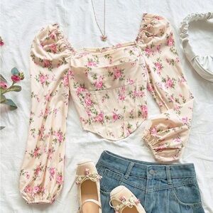 Pink and Beige Floral Puff Sleeve Blouse